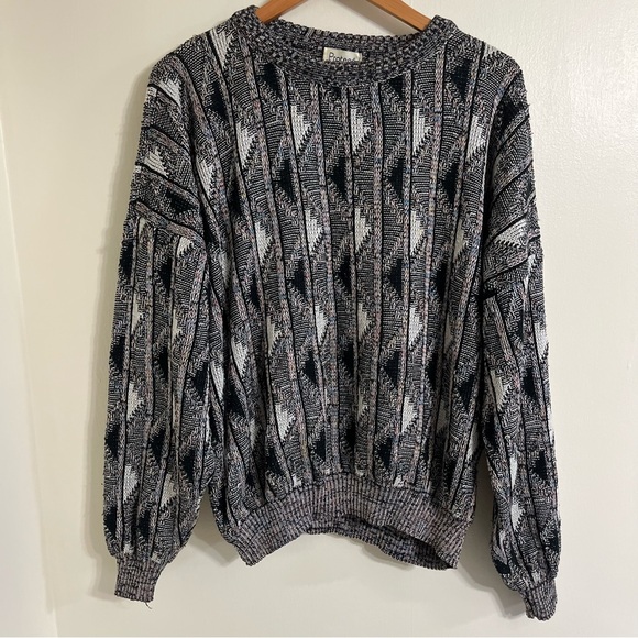 protege Other - Vintage Protege Coogi Style Mens Black and Gray Abstract Knit Sweater Mens L
